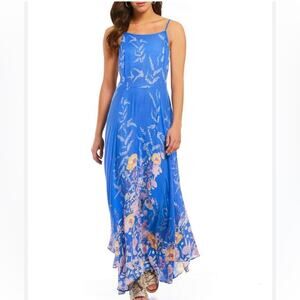 Free People Embrace It Floral Maxi Dress Blue Yellow Square Neck Strap Boho XS